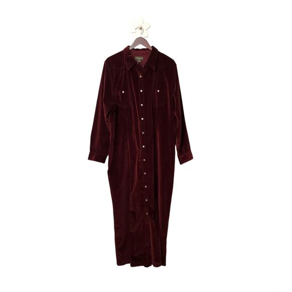 EDDIE BAUER (Tall) Velvet Snap Button Western Shirt Dress Wine Nightgown - Picture 1 of 9